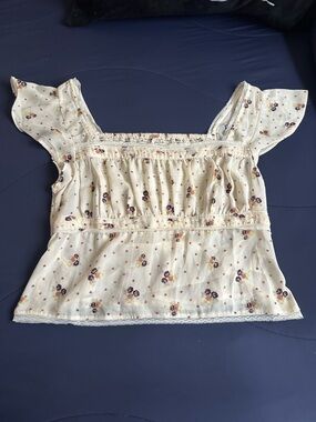 Free People Cream Floral Square-Neck Blouse